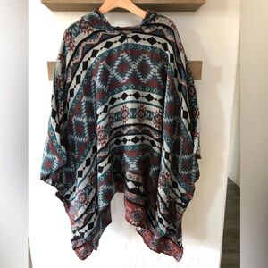 French Laundry|Boho Aztec print oversized Pancho shrug with hood, one size•••